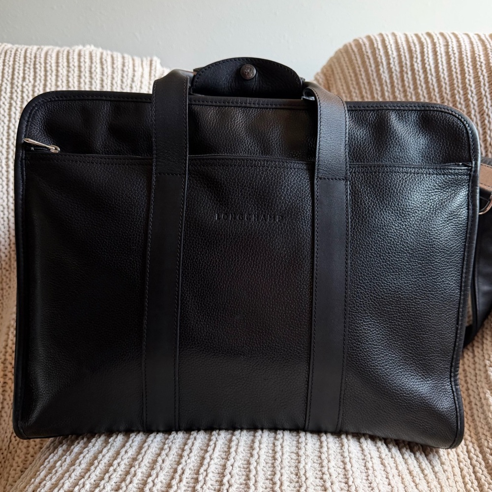 Longchamp Le Foulonné Black Leather Briefcase Laptop Bag Business Travel